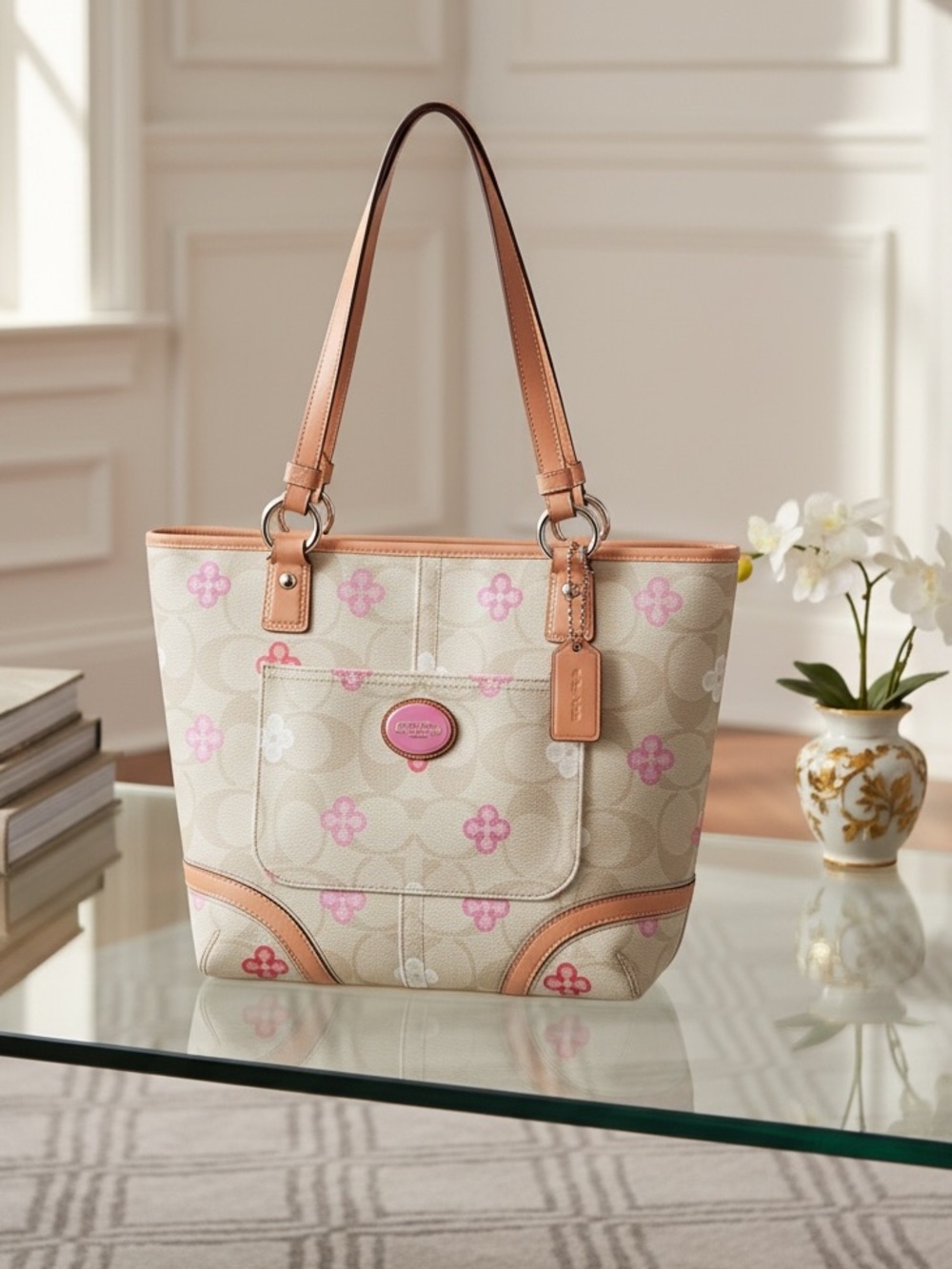 Unique and rare Coach Beige Tote with Pink Floral Accents and Tan Straps